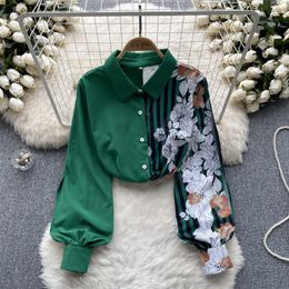 Women's Blouses Retro Green Printed Patchwork Asymmetrical Shirt 2024 Lapel Single Breasted Split Cuffs Design Casual Striped Blouse