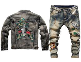 New Men Jeans Jacket Sets Fashion Autumn Embroidery Red Crowned Crane Suit Vest Embroidered Tiger Head Jeans Mens Clothing 2 Pie6709821