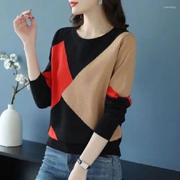 Women's Sweaters Female Autumn Winter Screw Thread Spliced Vintage Contrasting Colors Fashion O-Neck Korean Knitted Long Sleeve Jumpers
