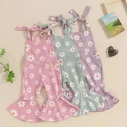 Jumpsuits 2024-03-06 Lioraitiin Summer Flame jumpsuit for toddlers and girls Daisy print sleeveless lace up bell bottom jumpsuit Y240520UK7K