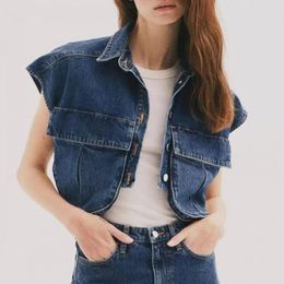 Women's Blouses Summer Women Denim Cropped Shirt Lapel Sleeveless Flap Pockets Top Single Breasted Short Female Clothing