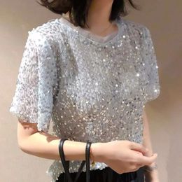 Womens Sequined Top Ins Super Fire Fashion Bling Shiny Round Neck Shortsleeved Tshirt Female Loose Thin Glitter 240520
