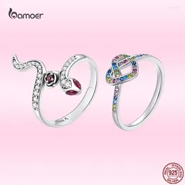 Cluster Rings Bamoer Lucky Snake & Rose Genuine 925 Sterling Silver Rainbow Love Finger For Women Fine Anniversary Jewelry Gifts