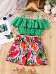 Clothing Sets Girls Summer New Casual Fresh Set With White Green Lace Suspender Top And Watermelon Printed Shorts Two-Piece Set Y240520O2KJ