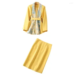 Work Dresses Clothing Sets Flower Patterns Yellow Blazer Women Top Knee Length Female Skirt Suits