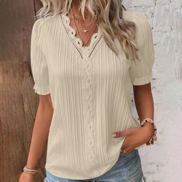 Women's Blouses 5XL Large Size Vintage Shirts For Women Lace Embroidered Puff Sleeve Tops Solid Color Short Chemises Et