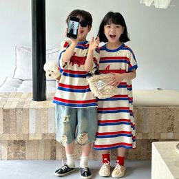 Clothing Sets Summer Toddler Siblings Attire Cotton Letter Striped Short Sleeve Long Dress Loose Shirt Hole Denim Shrots Baby Boys Suit