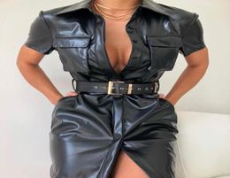 Casual Dresses Solid Pu Leather Dress Women Short Sleeve Turn Down Collar Shirt Sexy Belted Party Black Vestidos Mujer6079108
