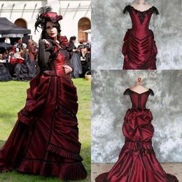 Vintage Victorian Burgundy Wedding Dresses Ruched Pleats Long Satin Bridal Gowns Black Lace Appliques Beaded Gothic Women Formal Events Dress Vestido De Novia