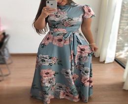 Summer Boho Floral Print Long Dress Short Sleeve Tunic Maxi Dress Women Fashion Evening Party Dress2340034