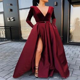 2019 New Arrival Long Sleeves Evening Dresses Velvet V-neck Winter Women Formal Gowns Burgundy Satin Party Dress Side Slit 245c