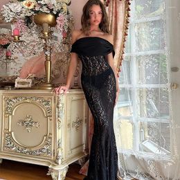 Casual Dresses Black Lace Long Dress For Women Sexy See Through Slim Maxi Autumn Winter Strapless Christmas Evening Party Outfits 2024