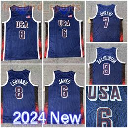 Paris 2024 USA Dream Team US Basketball Jerseys James Stephen Curry James Kawhi Leonard Tyrese Haliburton Kevin Durant Edwards Navy printed