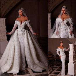 Sequined Pearl Mermaid Gowns Detachable Train Off Shoulder Wedding Dress Custom Made Long Sleeve Mariee Marriage Wedding Gown
