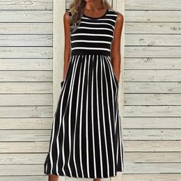 Casual Dresses Stripes Printed For Women Summer Round Neck Pocket Design Long Dress Loose Daily Beach Women'S Vestidos