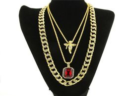 Mens Hip Hop Necklace Ruby Pendant Necklaces Fashion Cuban Link Chain Jewellery 3Pcs Set244i9050847