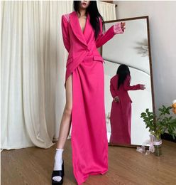 Casual Dresses Rose Red High Waisted Split Blazer Suit Jacket Slim Fit Lace Patchwork Fashion Dress 2024 Spring Autumn Y4841