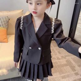 Clothing Sets 2024 Spring Autumn Girls' Black Suit Coat Pleated Skirts Two Pieces Double Breasted Crystal Fashionable Korean 5-12 Yrs