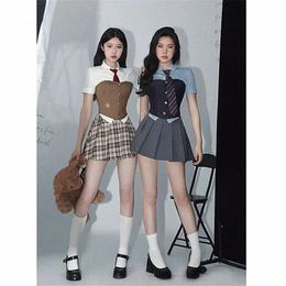 Korean Girl Jk Uniform Women Y2k Japanese Corset Tube Top Vest Short-sleeved Shirt Pleated Skirt Suit School Uniform Sexy 240513