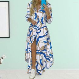 Casual Dresses Women Summer Dress Shirt Type Long Sleeves Single-breasted Print A-line Loose Split Hem Buttons Turn-down Collar Maxi