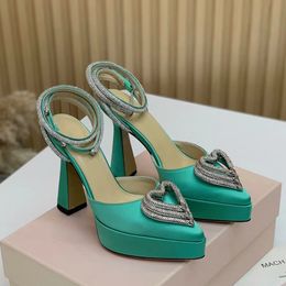 Women's High Heel Platform sandals real silk ankle strap heart-shaped rhinestone Pointed toe pumps Luxury designers evening shoes factory footwear 35-42 with box