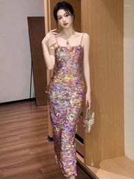Casual Dresses Summer Lady Retro Glitter Shiny Sequin Evening Dress Women Clothes Sexy Strap Slim Long Party Birthday Gown Vestidos Fiesta