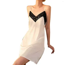 Women's Sleepwear Mesh Perspective Crotchless Erotic Lingerie Set Elegant Lace V Neck M Shape Color Block Satin Slip Conjuntos De Pijama