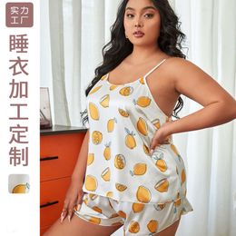 2024 Summer New Cartoon Yellow Peach Home Furnishing Casual Backless Loose Home Sling Shorts Fashion Pajamas for Women