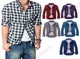 Whole New Mens Slim Fit Casual Dress Plaid Check Shirt Korean Style Blue Red Black8686691