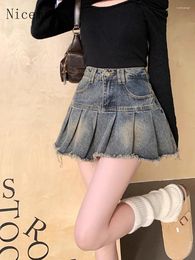 Skirts Retro Fleece Denim Pleated For Women Spring 2024 Korean Fashion Clothing Spicy Girls High Waist A-line Short Skirt