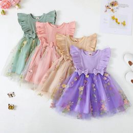 Girl Dresses Toddler Girls Dress Flower Embroidery Bowknot Round Neck Sleeve Casual Kids Summer Princess