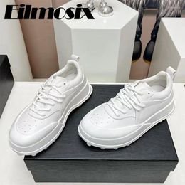 Casual Shoes 2024 Round Toe Lace Up Leather Women Thick Sole Height Increasing Flat Heels Black White Sneakers