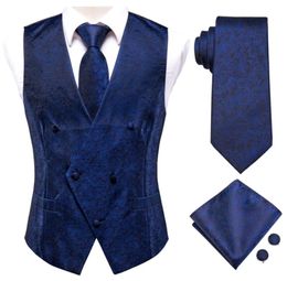 Silk Men039s Vests and Tie Business Formal Dresses Slim Vest 4PC Necktie Hanky cufflinks for Suit Blue Paisley Floral Waistcoat9645826