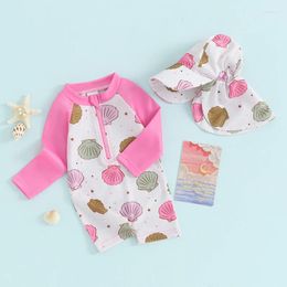 Clothing Sets Toddler Baby Girl Rash Guard Swimsuits Summer Shell Print Long Sleeves Swimwear And Sun Hat Set Bathing Suits Beachwear