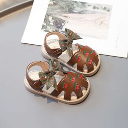 Girls Embroidery Children's Summer Fashion Chic Flower Bowtie Kids Princess Causal Cut-outs Flat Sandals Soft