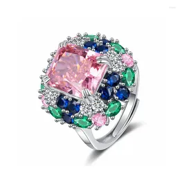Cluster Rings 925 Sterling Silver Open For Women Cherry Blossom Pink High Carbon Diamond 5 Cut Fashion Ring