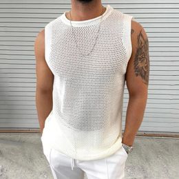 Knitwear Mens Casual Tank Tops Pure Colour Hollow Out Vintage Men Knit Camisole Sleeveless O Neck Leisure T Shirt Male Streetwear 240520