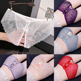Women's Panties Women Erotic Lingerie Lace Open Crotch Ladies Bow Thong Crotchless Briefs Mesh Perspective Underwear Exotic Sexy