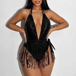 Womens Swimwear Sexy Sequins Fringe Tassel One Piece Swimsuit Women Shiny Black V Neck Backless High Waist Bikini Beach Bathing Suit Swimwear