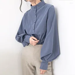 Women's Blouses Vintage Lantern Sleeve Autumn Winter Thicken Women Shirt Single Breasted Blouse Female Loose Shirts Tops Blusas Mujer