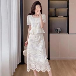 Work Dresses Sweet Fashion Summer Embroidery Flower 2 Piece Set For Women Square Collar Ruffles Short Tops Midi A Line Skirt Suit