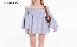 Casual Dresses Blue Striped Off Shoulder Elastic Bust Dress Women Nice Summer Bell Sleeve Loose Mini Vintage Vestido Female5849682