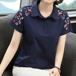 Women's Polos T-shirt Summer Short Sleeve Turn-down Large Polo Button Floral Embroidery Casual Tees Female Clothing Tops