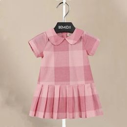 Children Dress Pink Plaid Turn-Down Collar Kids Clothes Fashion Toddler Baby Girls Clothing Summer Draped Dress Girl1-8Year 240425