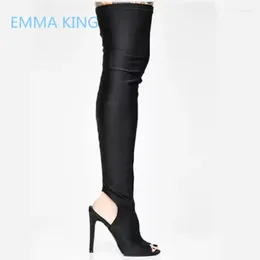 Boots 2024 Stretch Women Over The Knee Long Peep Toe Thin High Heels Ladies Summer Slingbacks Shoes Woman Thigh Socks