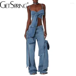 Women's Two Piece Pants Women Denim Sets 2024 Vintage 3D Bow Strapless Backless Sexy Crop Tops Straight Wide Leg Jeans Pieces