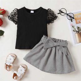 Clothing Sets 1-4 Years Toddler Baby Girl Fashion 2Pcs Summer Outfit Set Kids Girl Bubble Short Sleeves Blouse + Plaid Skirt Princess Dress fo Y2405201GSP