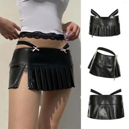 Skirts Cool Girs Black Ultra Mini Skirt PU Leather Bandage Hollow Out Cute Bowknot Sexy Side Zipper Up Split Nightclub Y2k