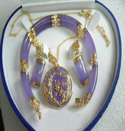 Purple Jade Gold Plated Fortune Dragon Phenix Bracelet Pendant Necklace Earrings34355301954202