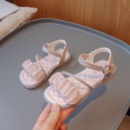 Children Sandals Rhinestones Pleated Chic Princess 2023 New Soft Breatheable Simple Kids Shoes Flat Non-slip Cute Casual